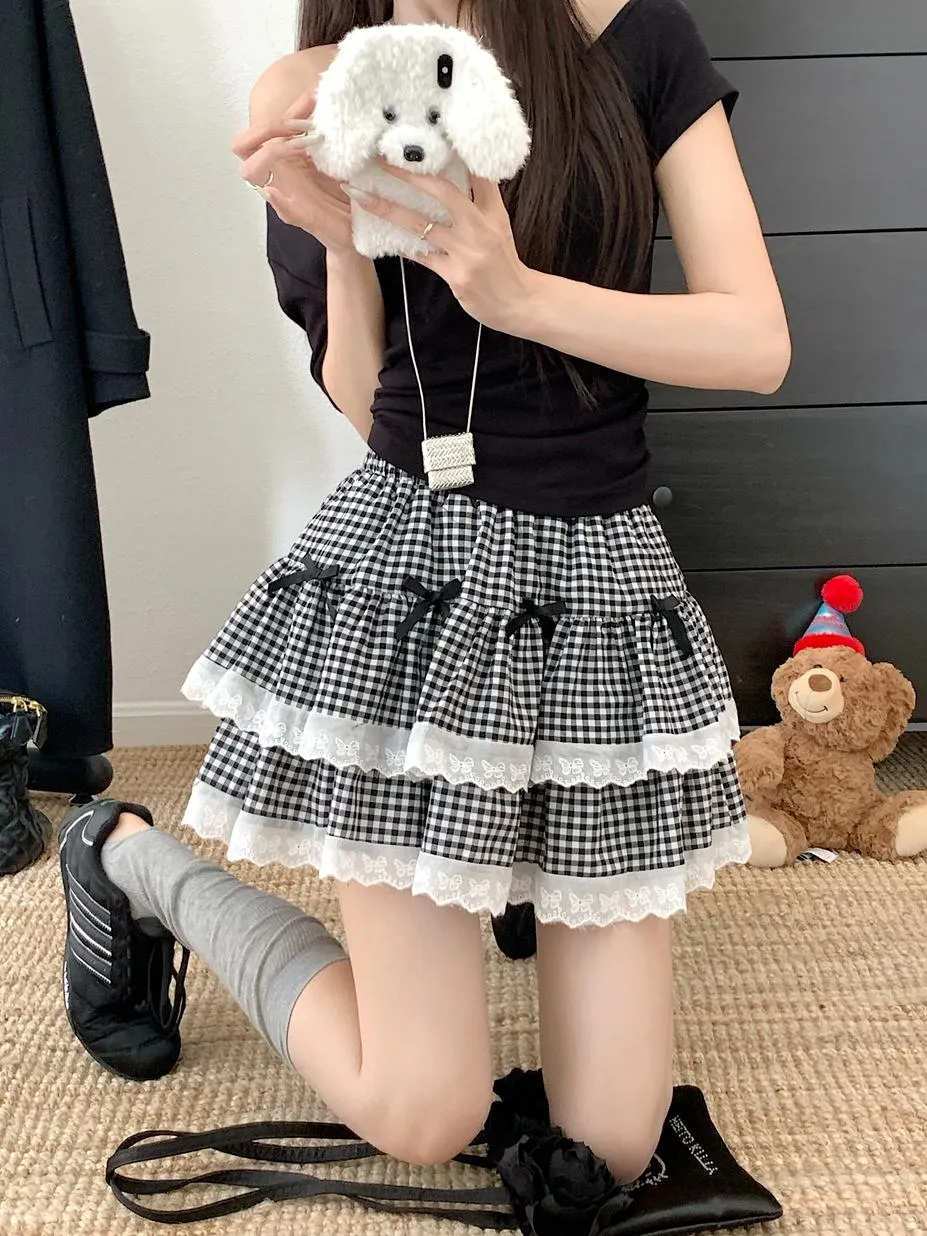 High Rise Tiered Mini Skirt with Checkered Pattern and Lace Trim