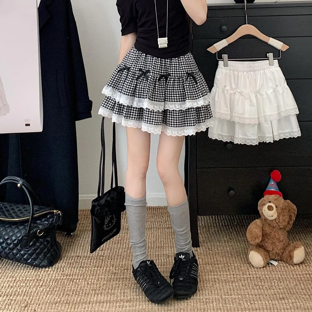 High Rise Tiered Mini Skirt with Checkered Pattern and Lace Trim
