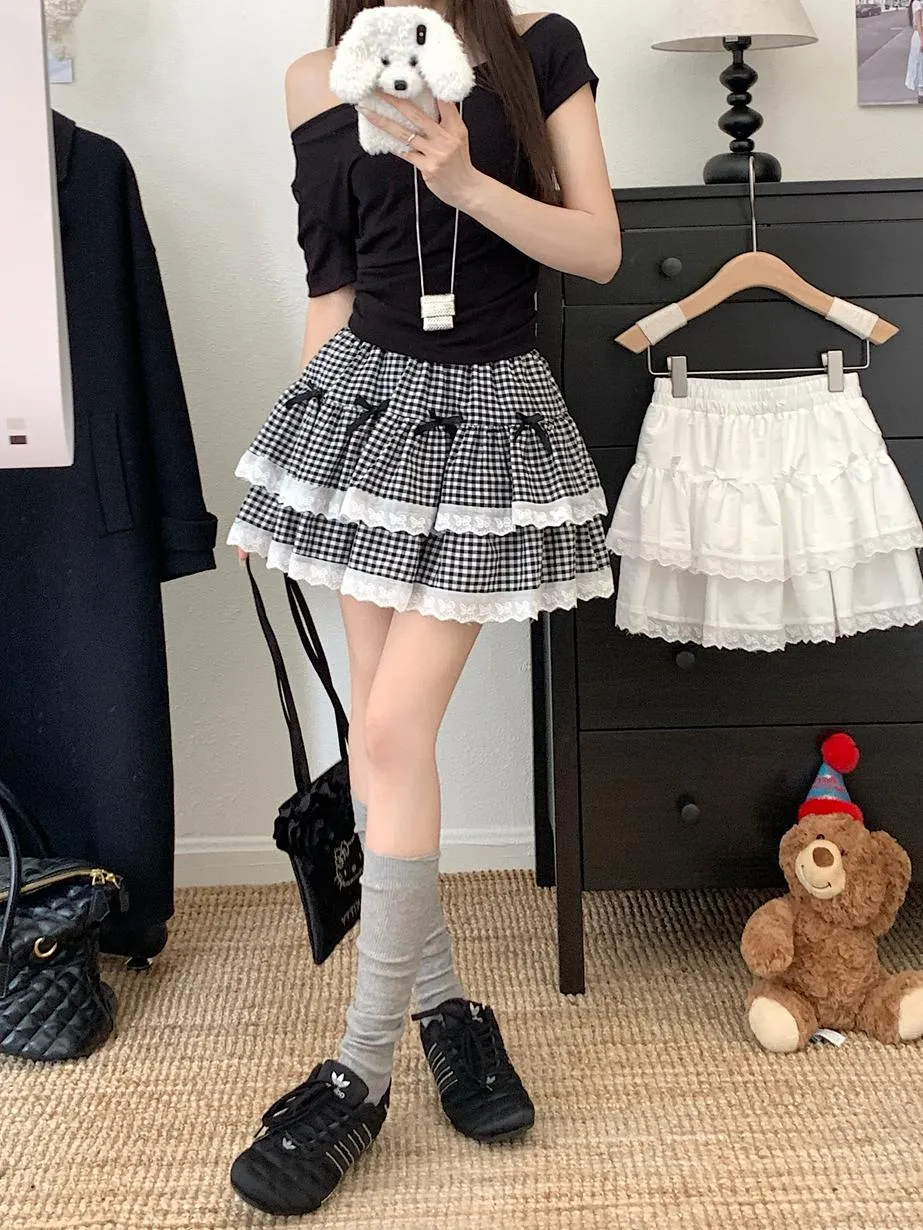 High Rise Tiered Mini Skirt with Checkered Pattern and Lace Trim