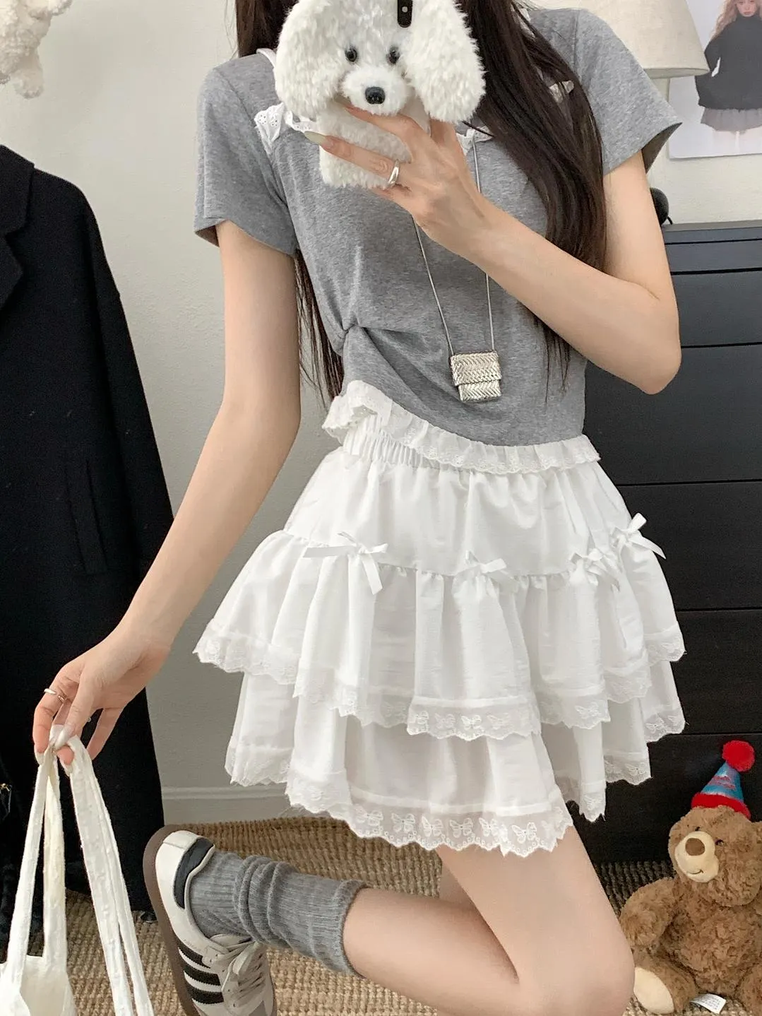 High Rise Tiered Mini Skirt with Checkered Pattern and Lace Trim