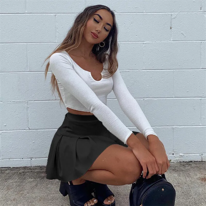 High Waist Pleated Mini Skirt - Elegant Polyester/Fiber Blend
