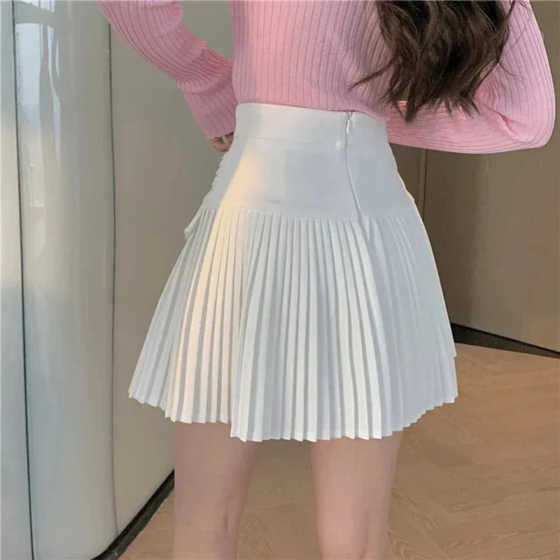 High Waist White Pleated Mini Skirt (College Style)
