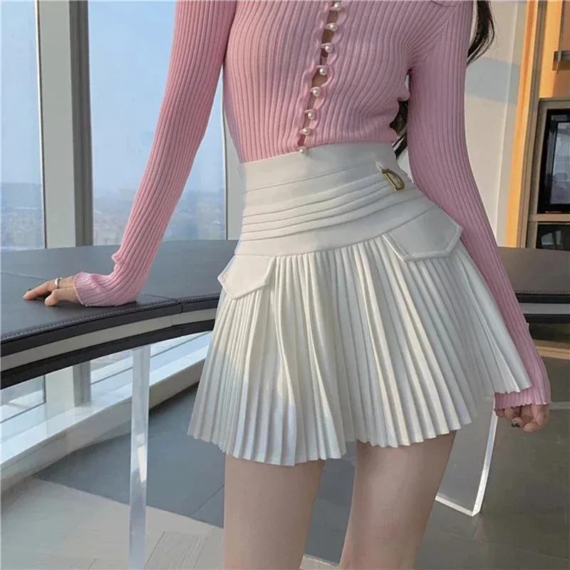 High Waist White Pleated Mini Skirt (College Style)