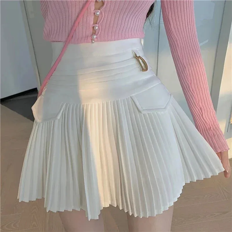 High Waist White Pleated Mini Skirt (College Style)
