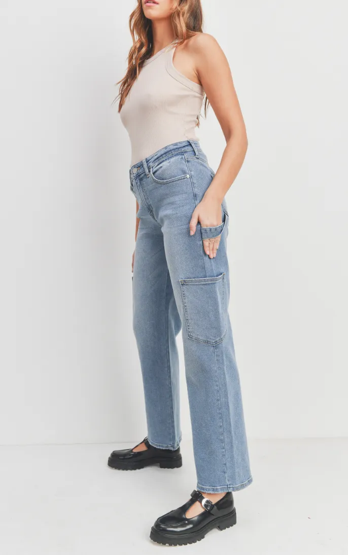High Waisted Cargo Straight Leg Jeans