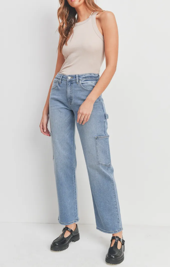 High Waisted Cargo Straight Leg Jeans