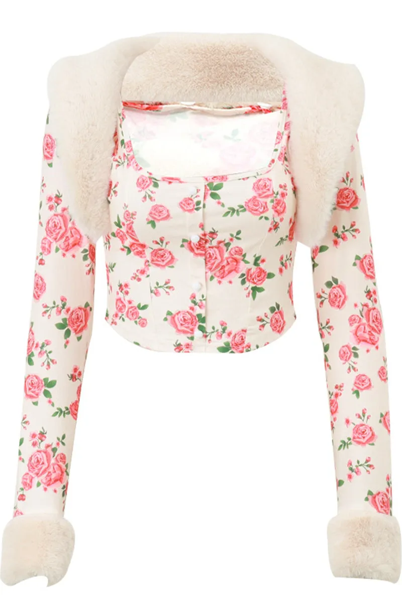 HTS1156 Vintage Rose Fur Trim Top