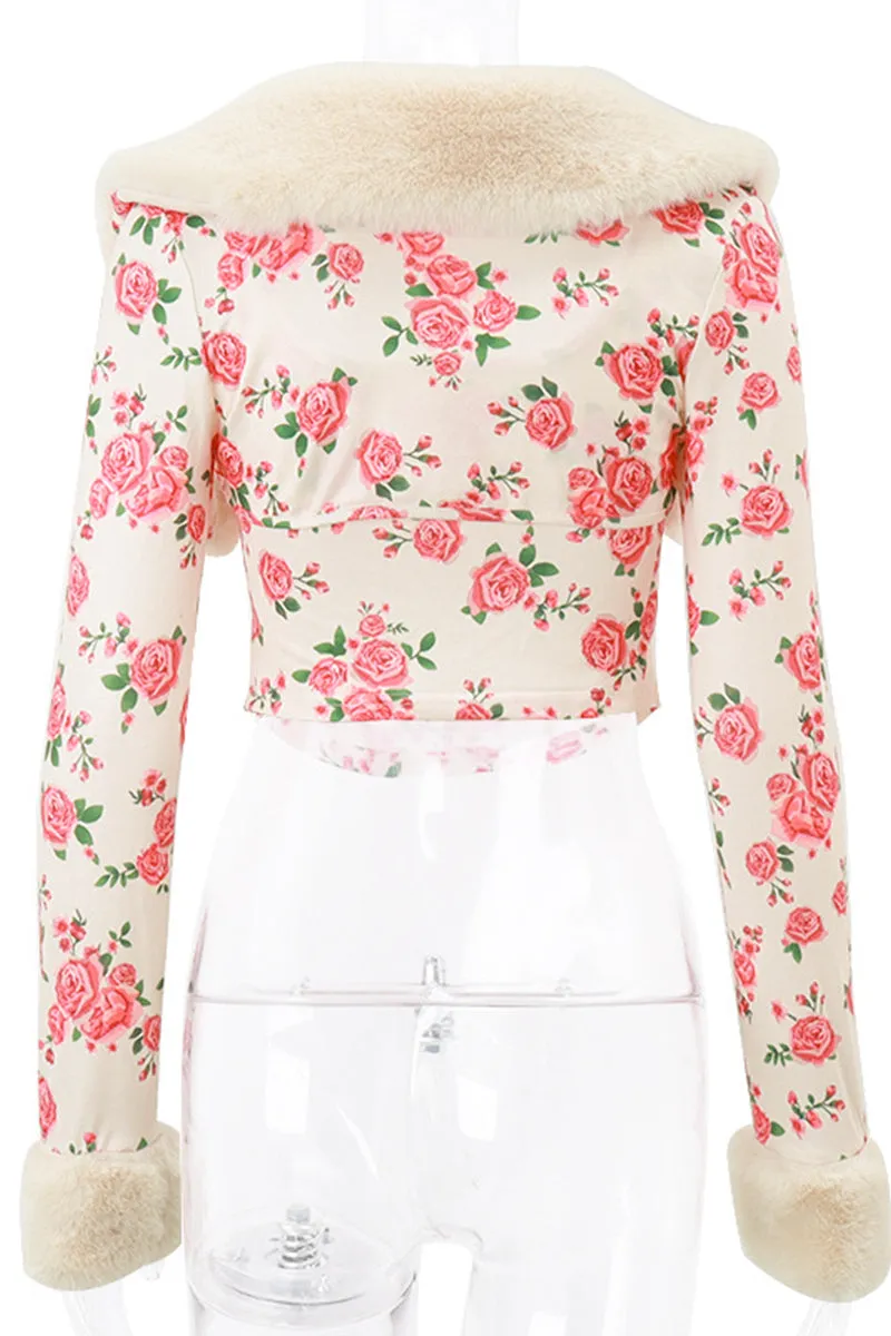 HTS1156 Vintage Rose Fur Trim Top