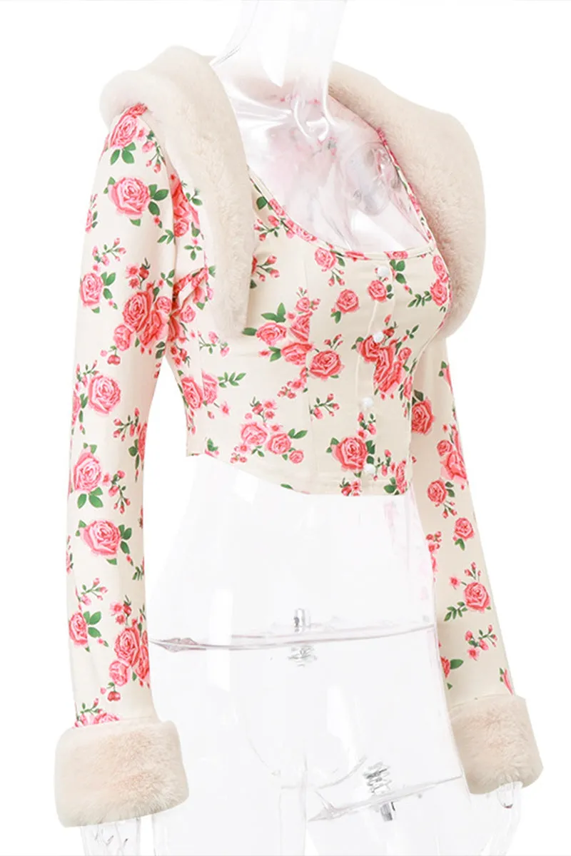HTS1156 Vintage Rose Fur Trim Top