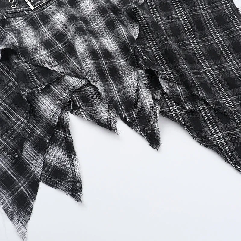 Irregular plaid belt A line mini skirt