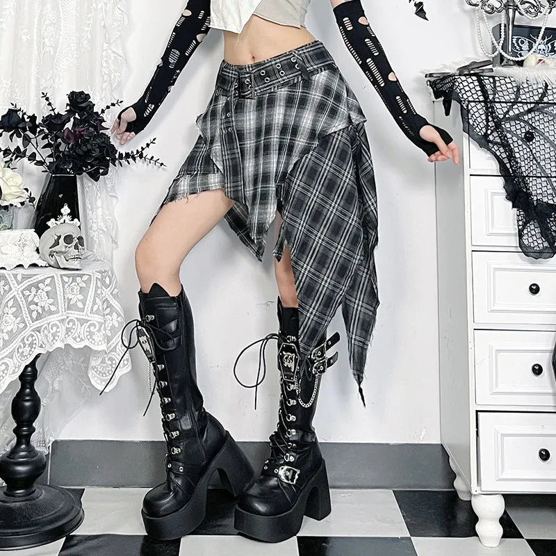 Irregular plaid belt A line mini skirt