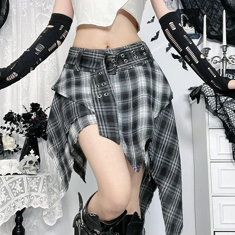 Irregular plaid belt A line mini skirt