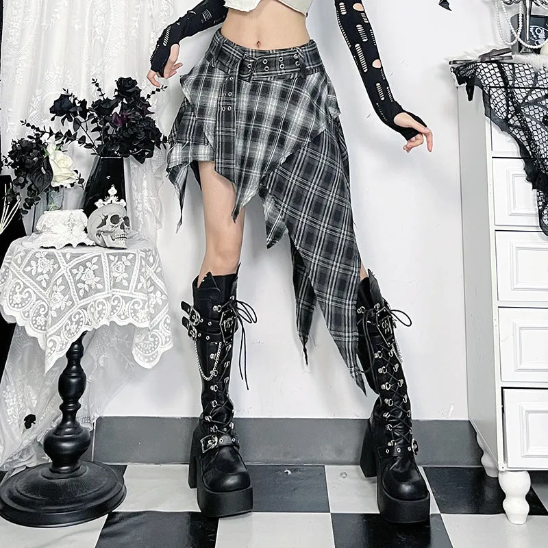 Irregular plaid belt A line mini skirt