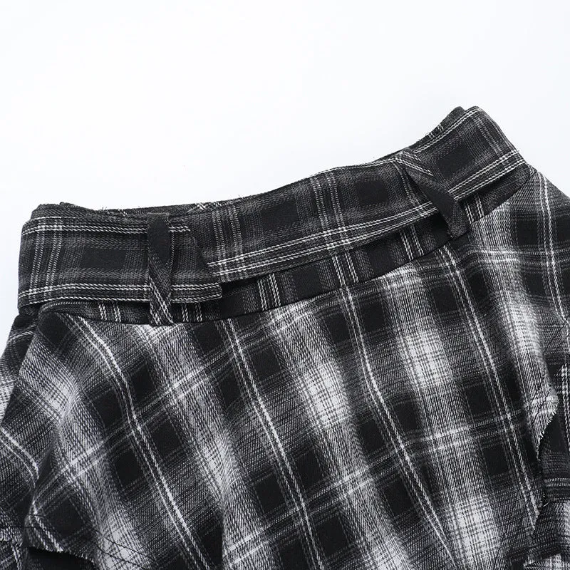 Irregular plaid belt A line mini skirt