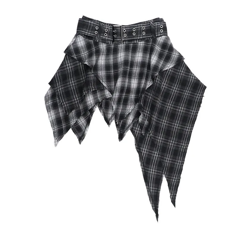 Irregular plaid belt A line mini skirt