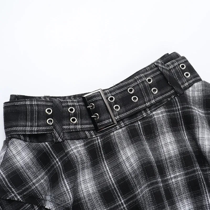 Irregular plaid belt A line mini skirt