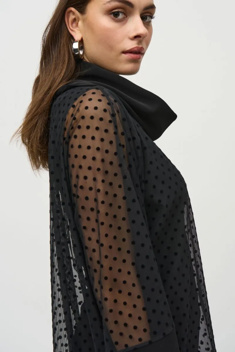 Joseph Ribkoff Black Polka Dot Mesh Overlay Cowl Neck Tunic Top 244178