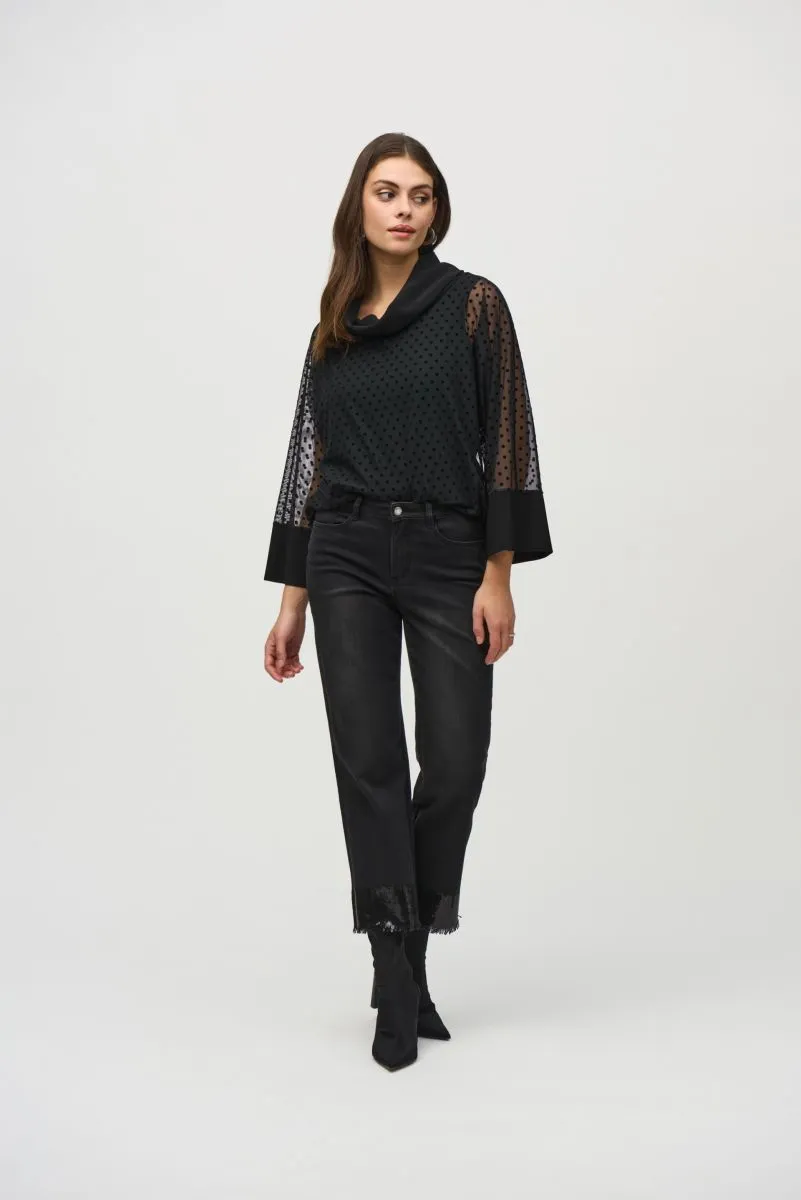 Joseph Ribkoff Black Polka Dot Mesh Overlay Cowl Neck Tunic Top 244178