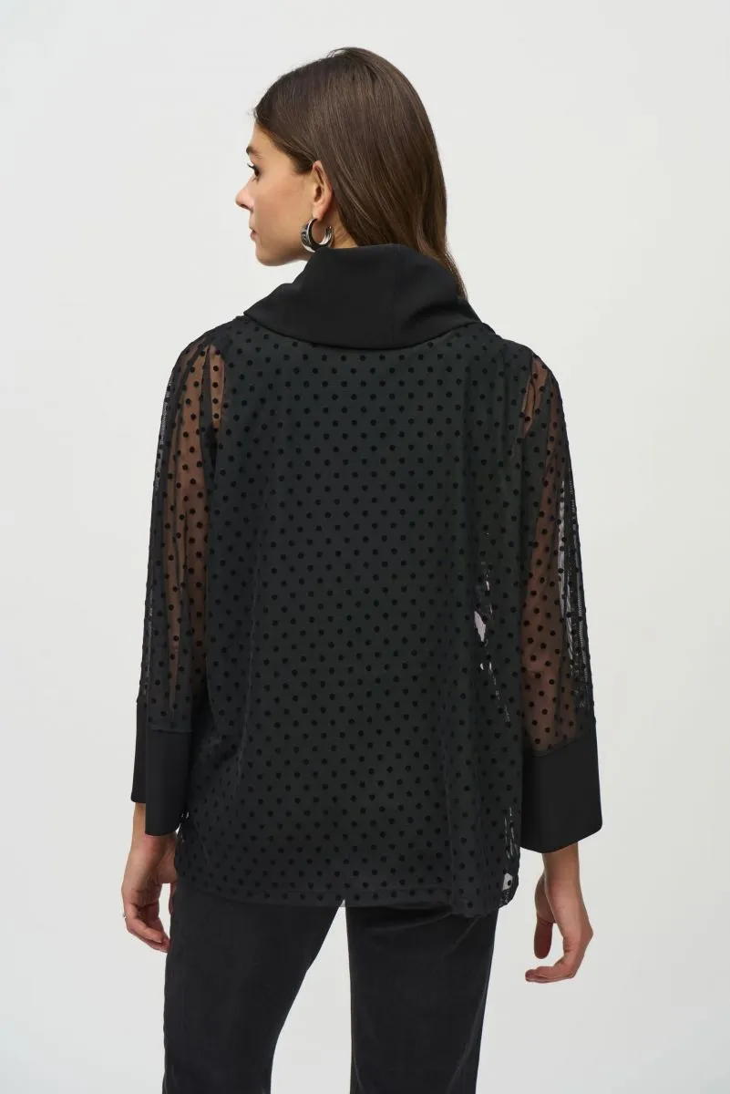 Joseph Ribkoff Black Polka Dot Mesh Overlay Cowl Neck Tunic Top 244178