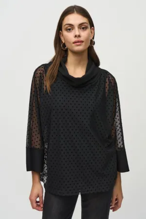 Joseph Ribkoff Black Polka Dot Mesh Overlay Cowl Neck Tunic Top 244178