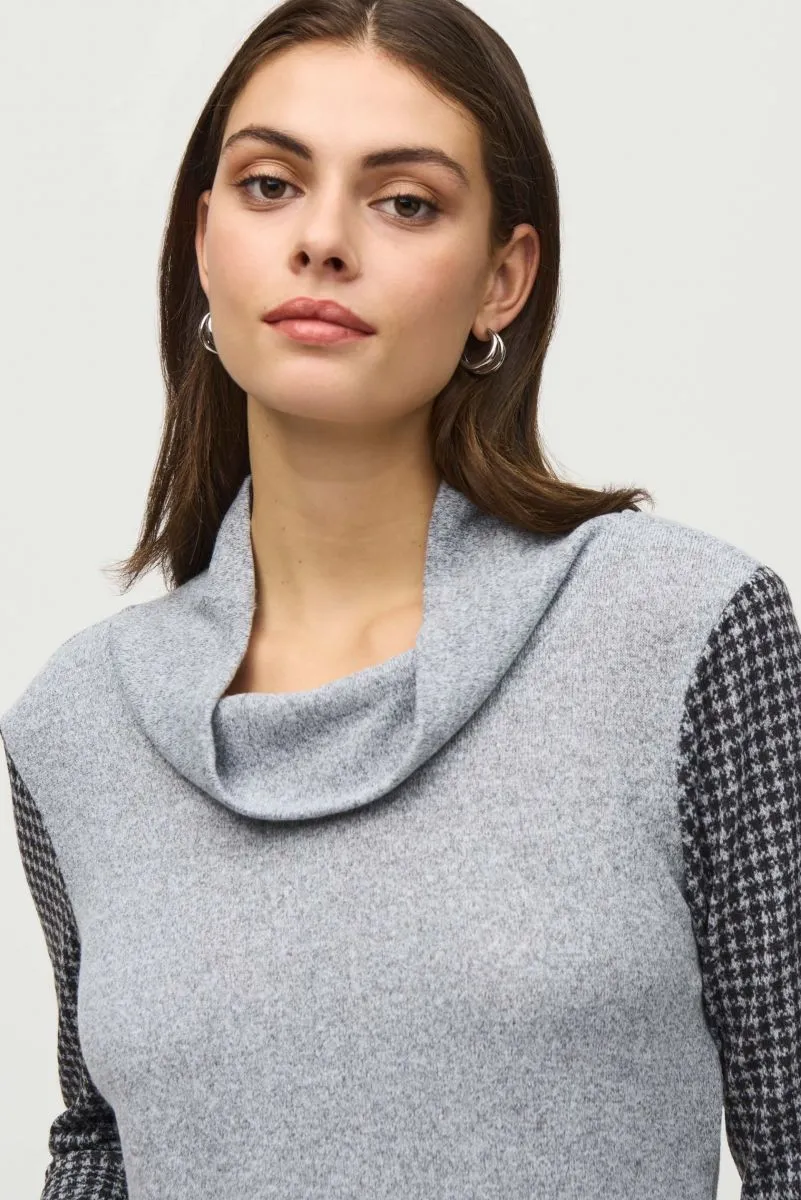 Joseph Ribkoff Grey/Black Cowl Neck Houndstooth Tunic Sweater 244002