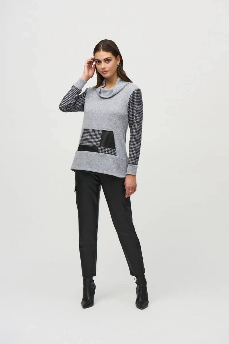 Joseph Ribkoff Grey/Black Cowl Neck Houndstooth Tunic Sweater 244002