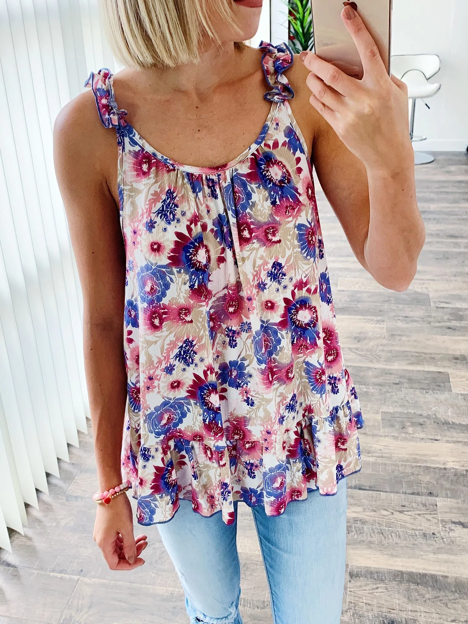 Just Beautiful Floral Tank Top- Ivory & Mauve Multi Color
