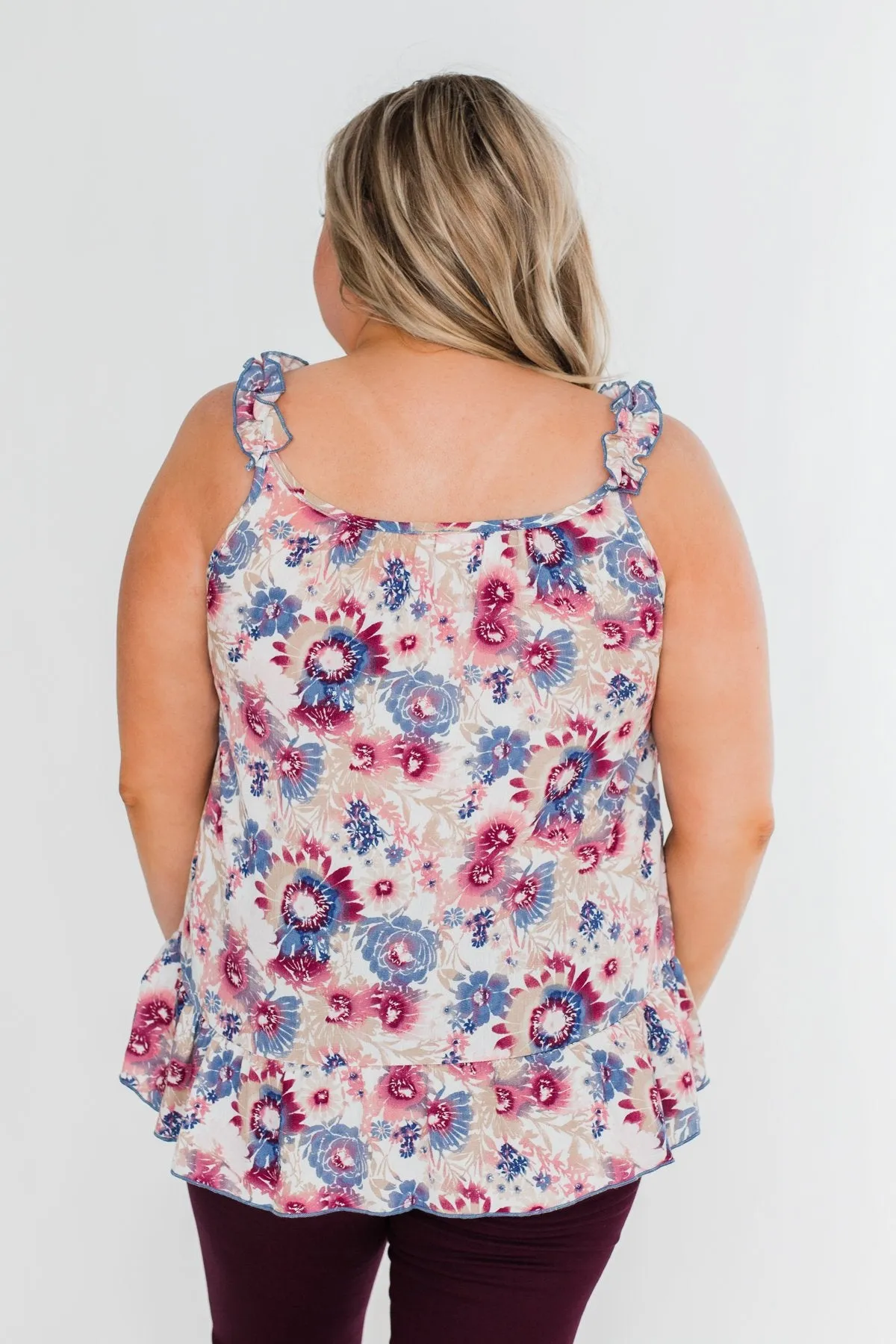 Just Beautiful Floral Tank Top- Ivory & Mauve Multi Color