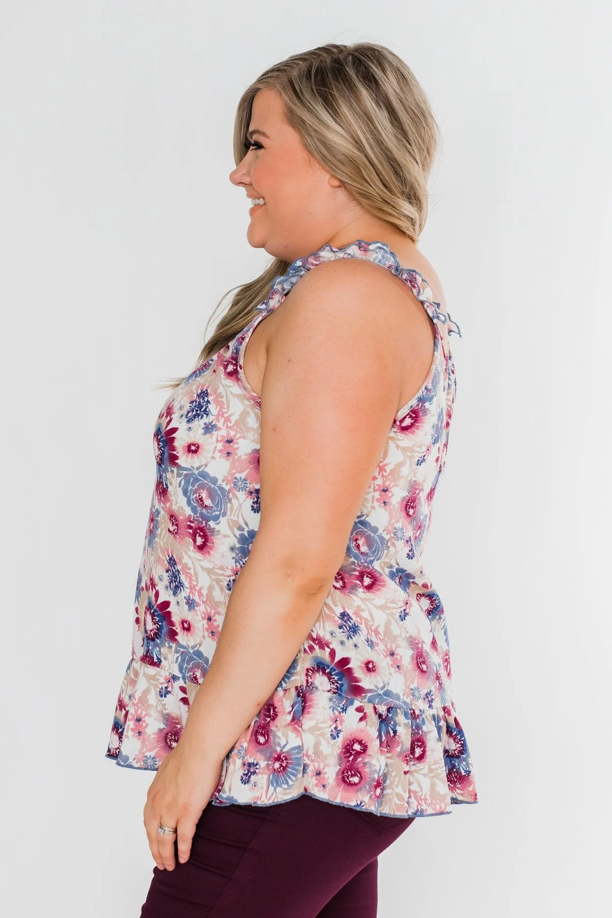 Just Beautiful Floral Tank Top- Ivory & Mauve Multi Color
