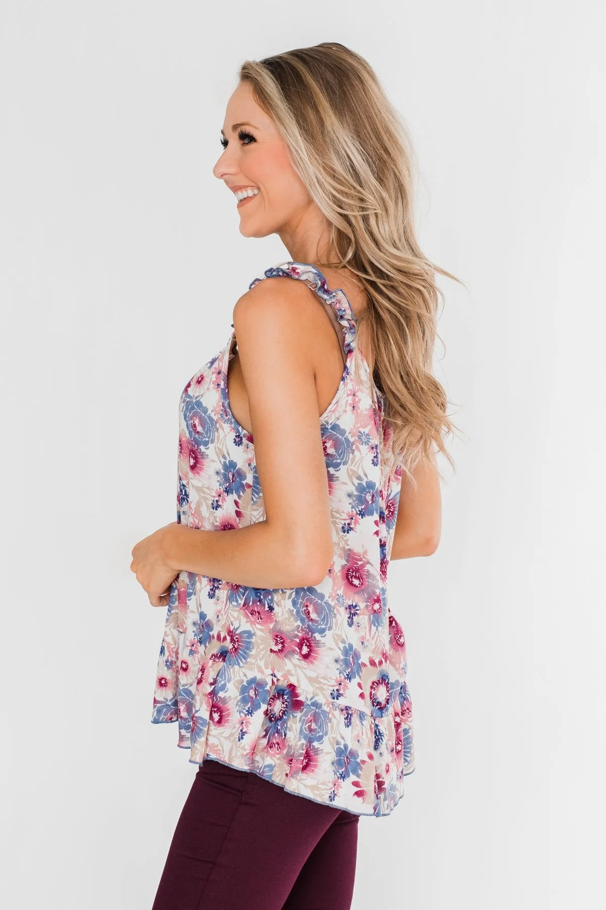 Just Beautiful Floral Tank Top- Ivory & Mauve Multi Color