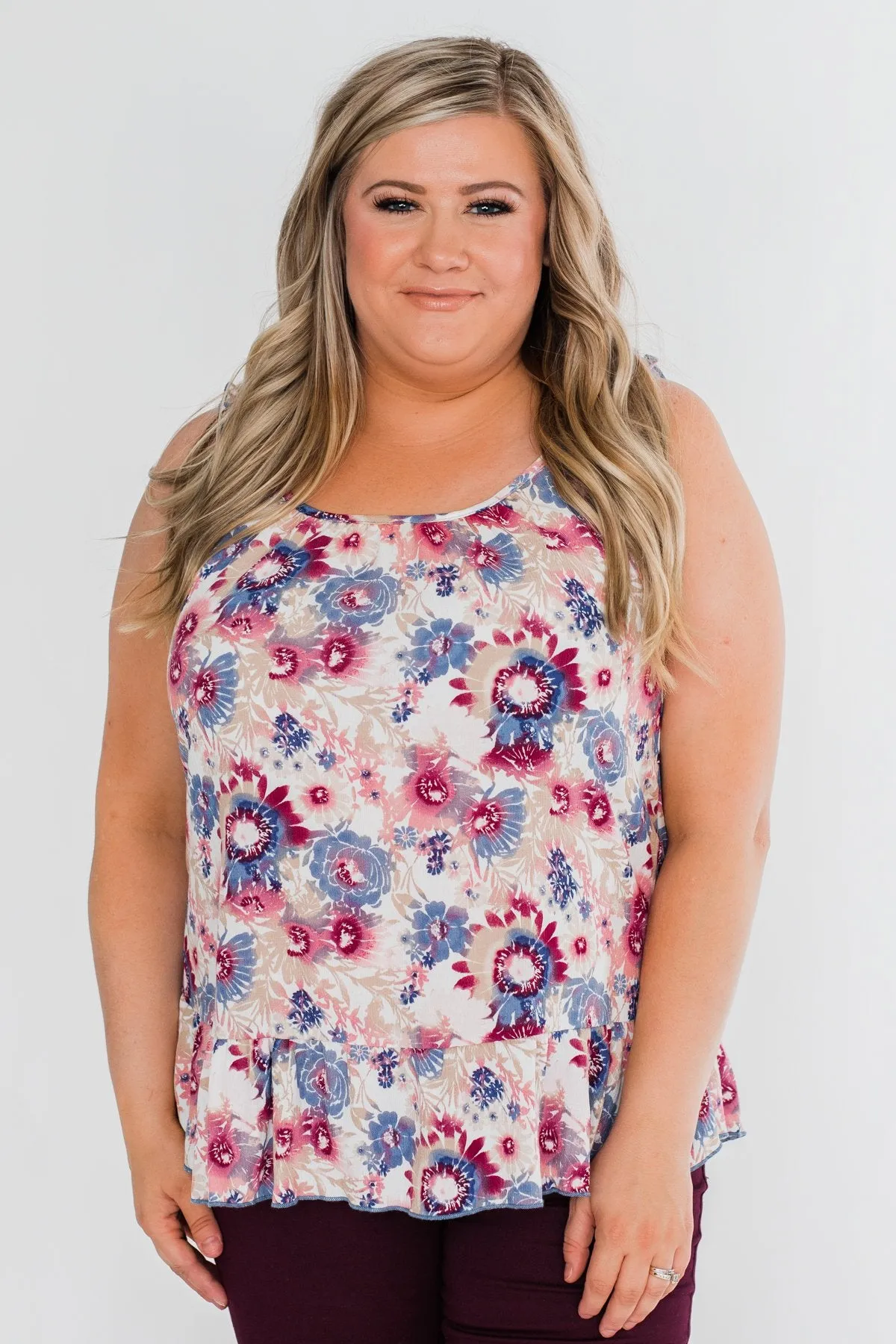Just Beautiful Floral Tank Top- Ivory & Mauve Multi Color