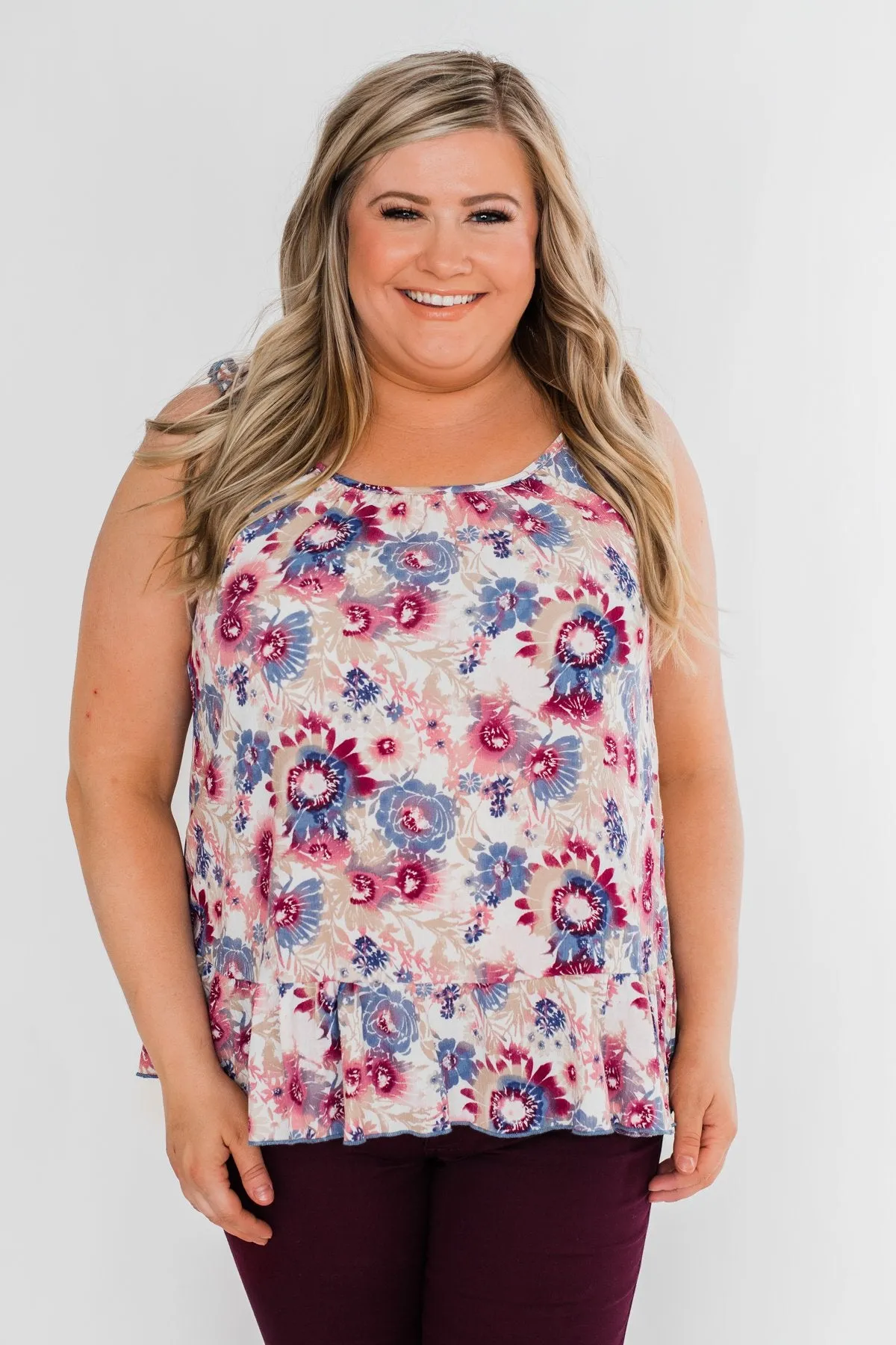 Just Beautiful Floral Tank Top- Ivory & Mauve Multi Color