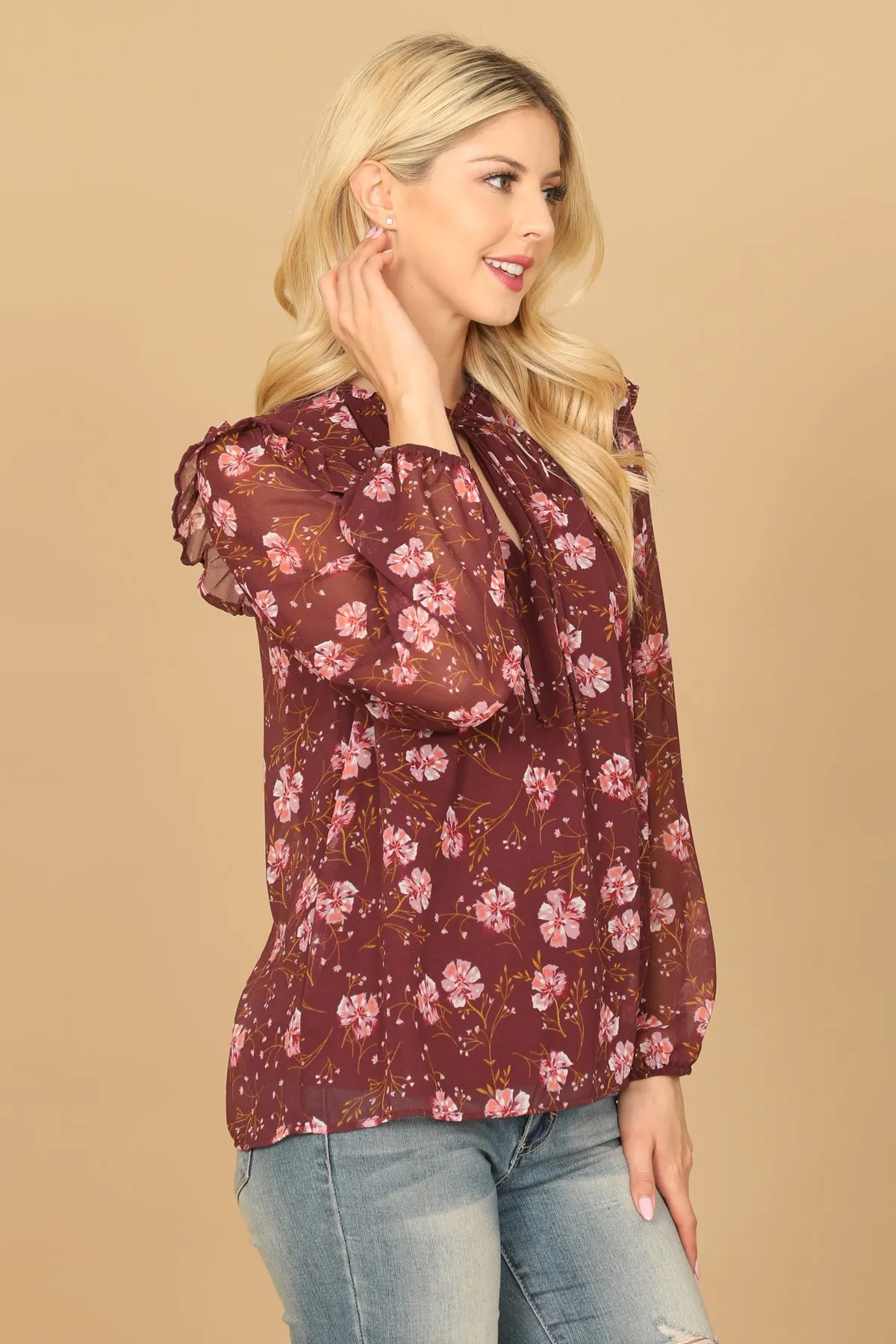 KEYHOLE TIE NECK RUFFLE DETAIL LONG SLEEVE FLORAL TOP