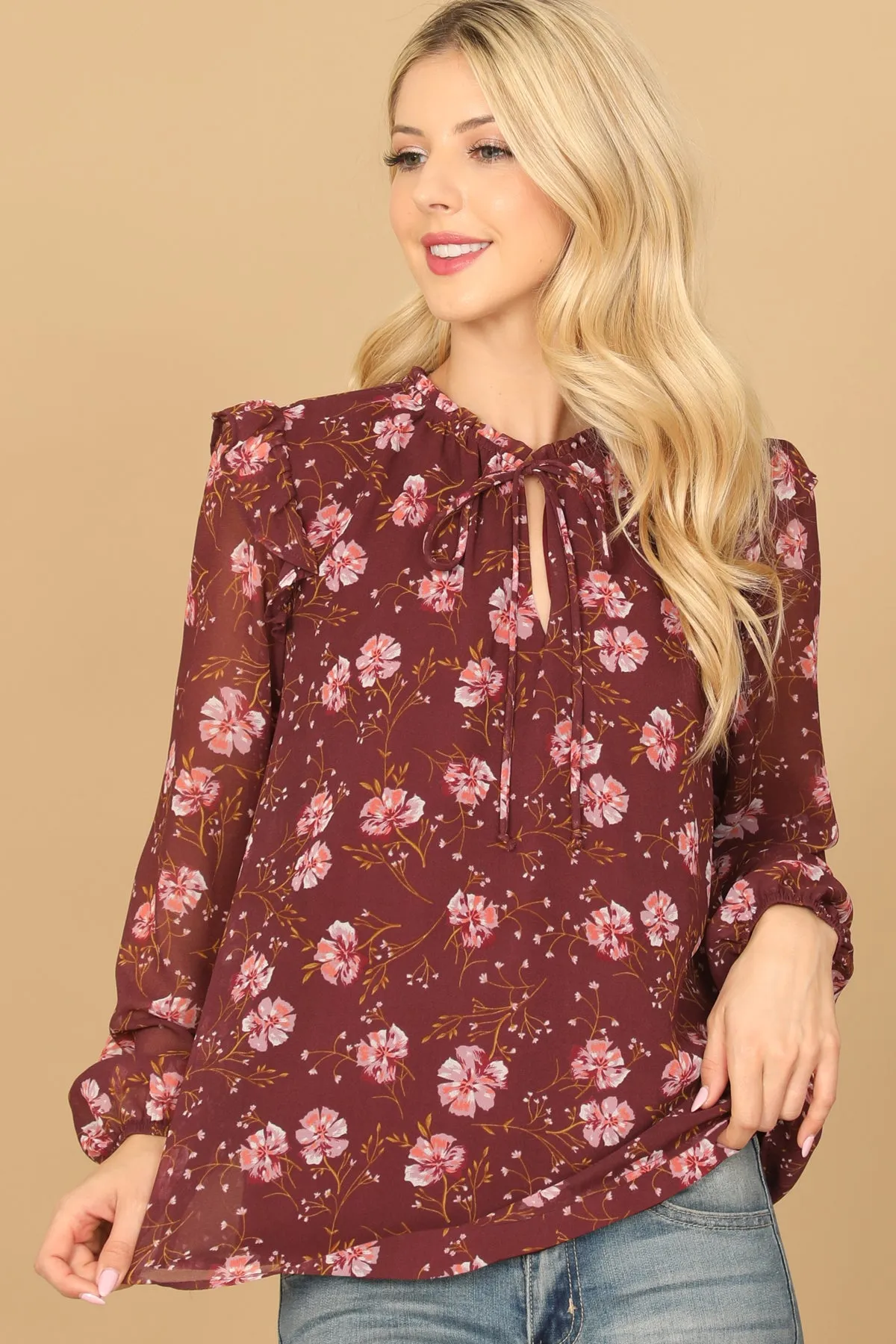 KEYHOLE TIE NECK RUFFLE DETAIL LONG SLEEVE FLORAL TOP