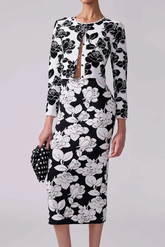 knit floral jacquard midi pencil cardigan skirt set