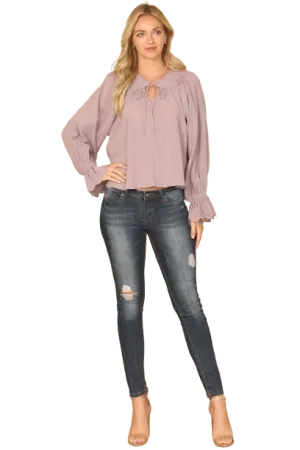 Lilac Key Hole Tie Ruffle Neck Long Flounce Sleeve Hanging Top - Pack of 5