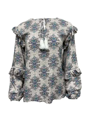 LOST IN LUNAR Women's Multicoloured Printed Ruffle Detail Blouse Size XS NWT