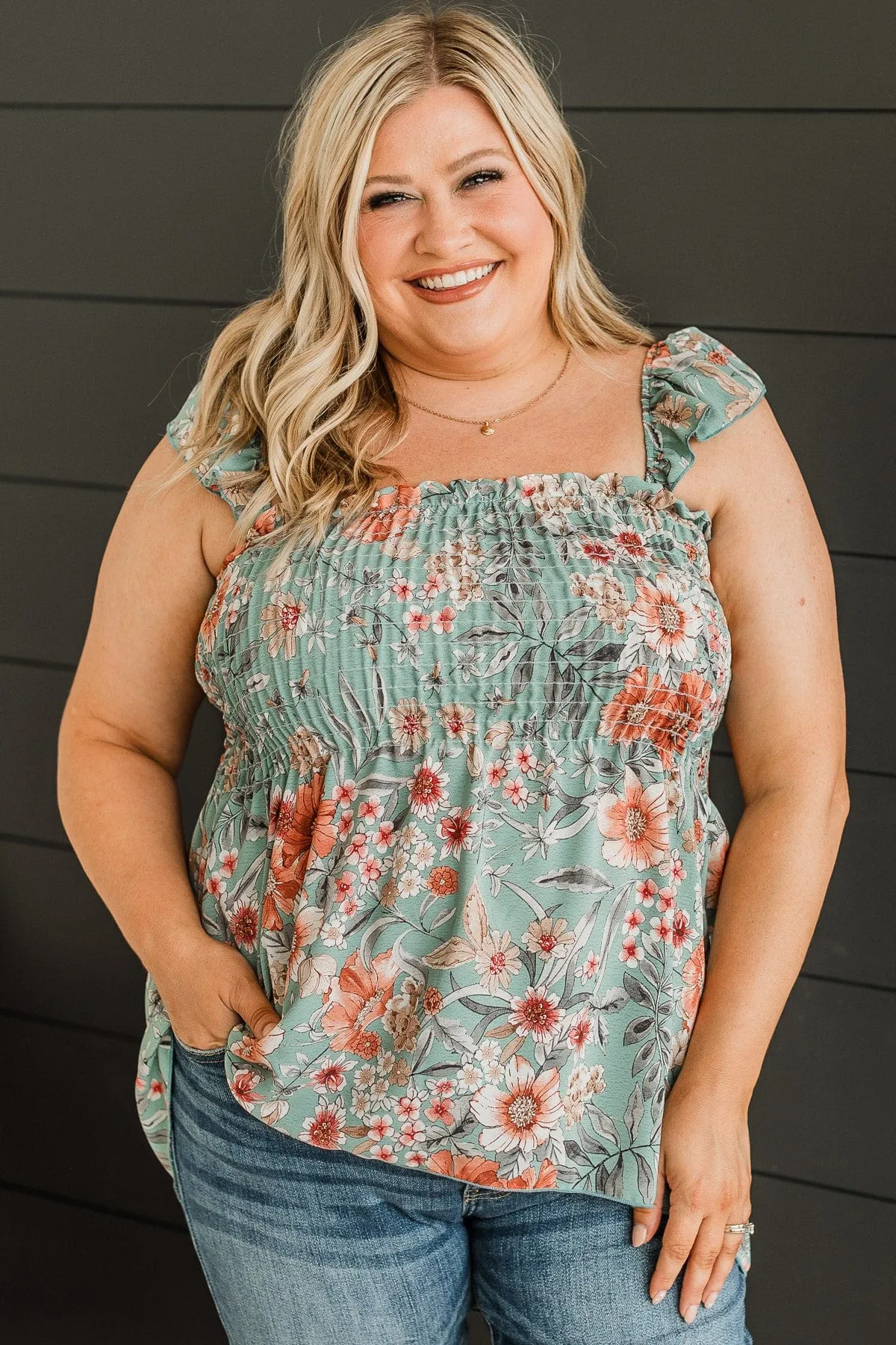 Love Of Your Life Floral Tank Top- Dusty Teal