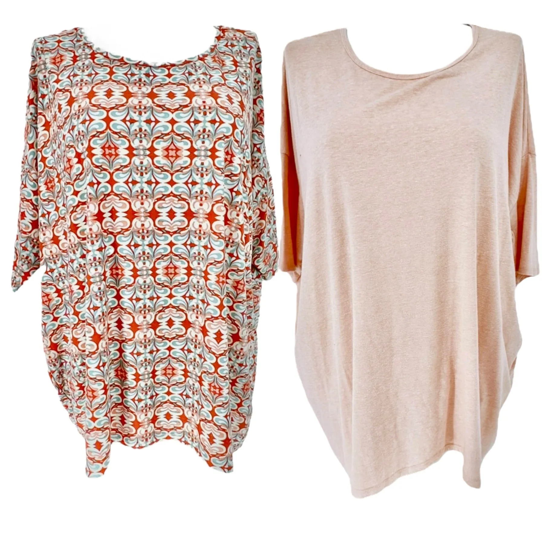 LuLaRoe Irma Tunic Top 3XL Duo 1 Coral Print 1 Solid Peach Soft Comfy Loose Fit