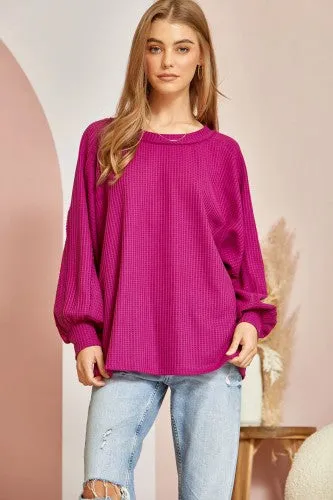 Magenta Waffle Round Neck Tunic Top