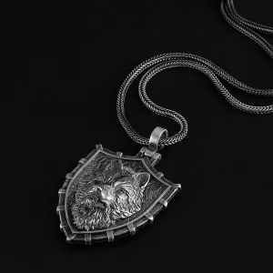 Men's Necklace Solid 925 Silver Wolf Pendant with Wheat Link Chain