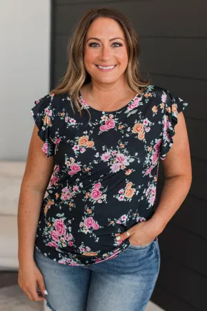 Moonlit Magic Floral Ruffle Top- Black