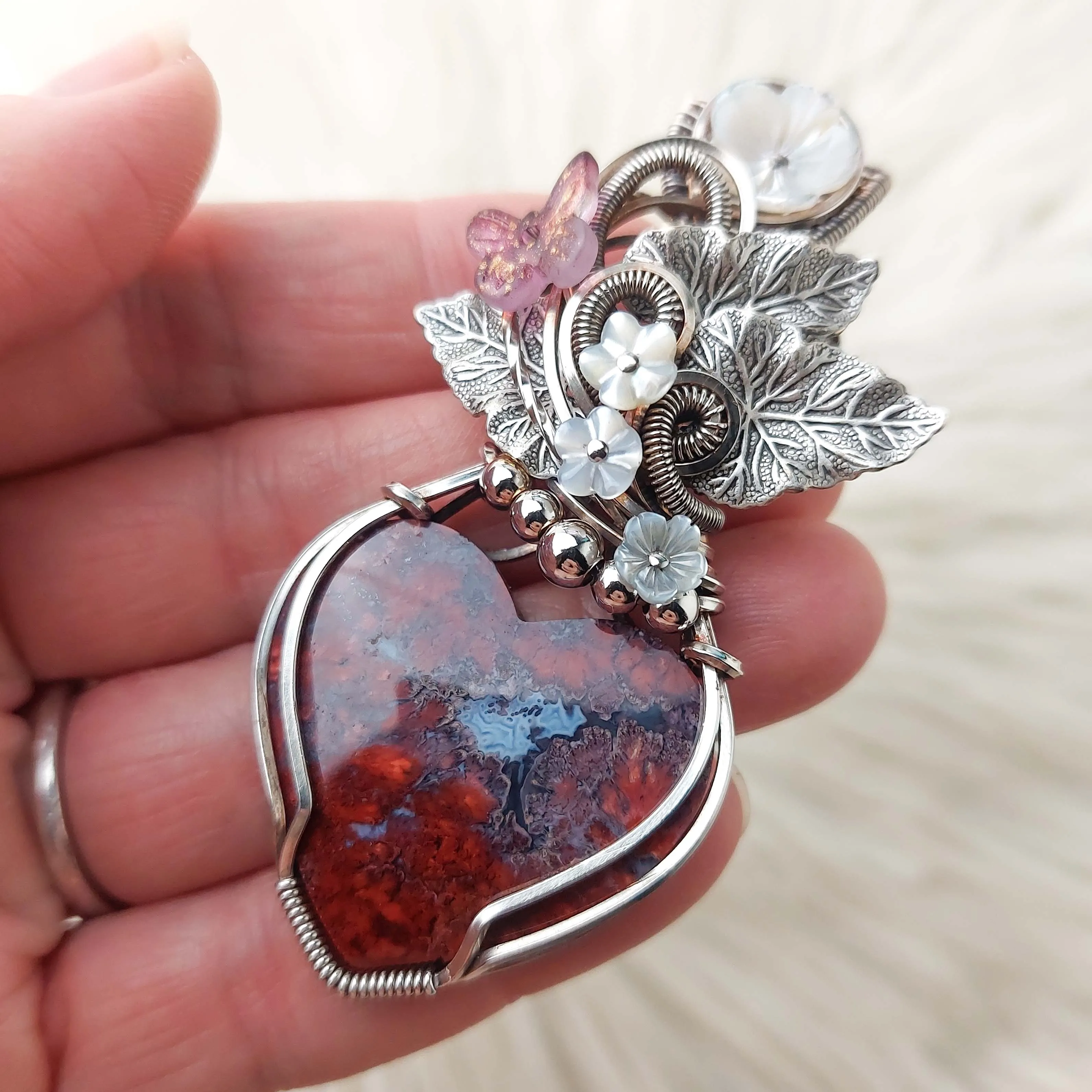 Moss Agate And Sterling Silver Heart Pendant