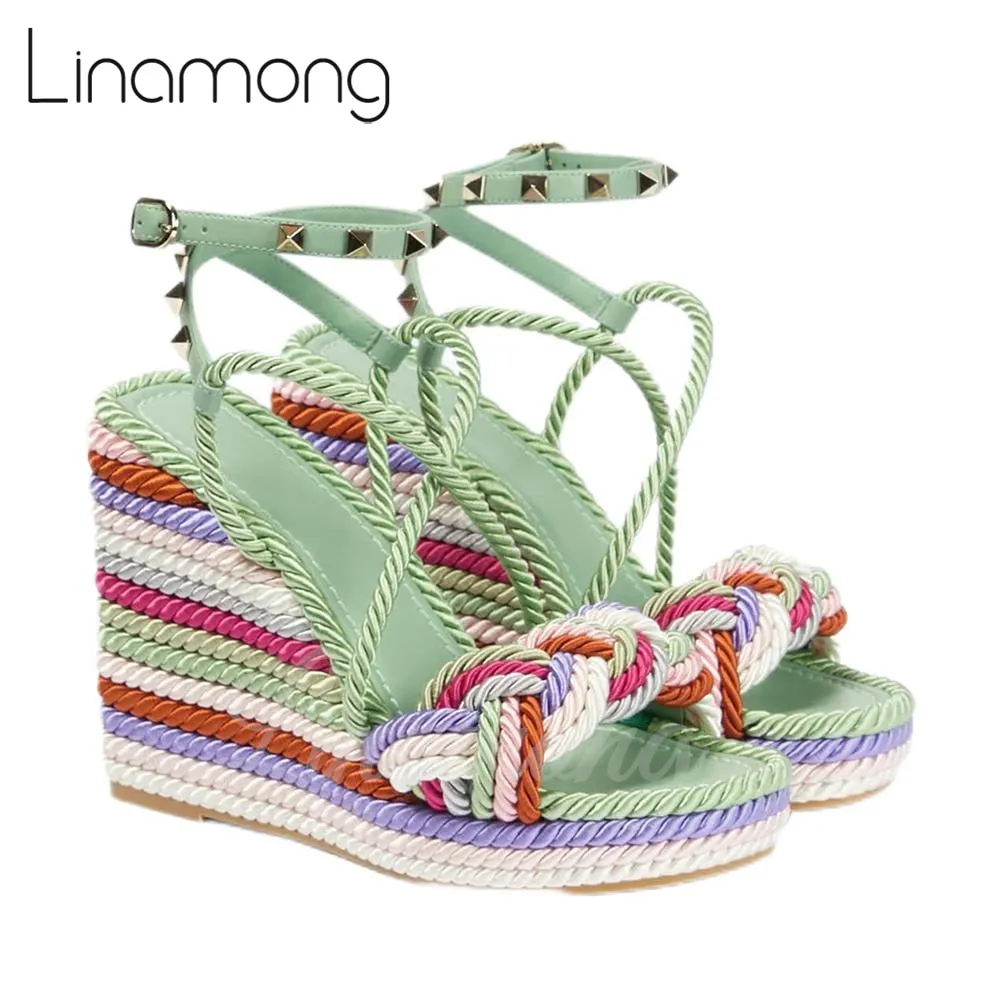 Multicolor Hemp Rope Rivet Espadrilles Strap Platform Wedge Summer Sandals for Women Designer Style Fashion Sandals Arrival