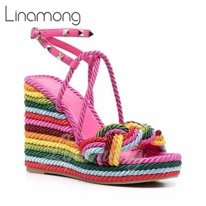 Multicolor Hemp Rope Rivet Espadrilles Strap Platform Wedge Summer Sandals for Women Designer Style Fashion Sandals Arrival