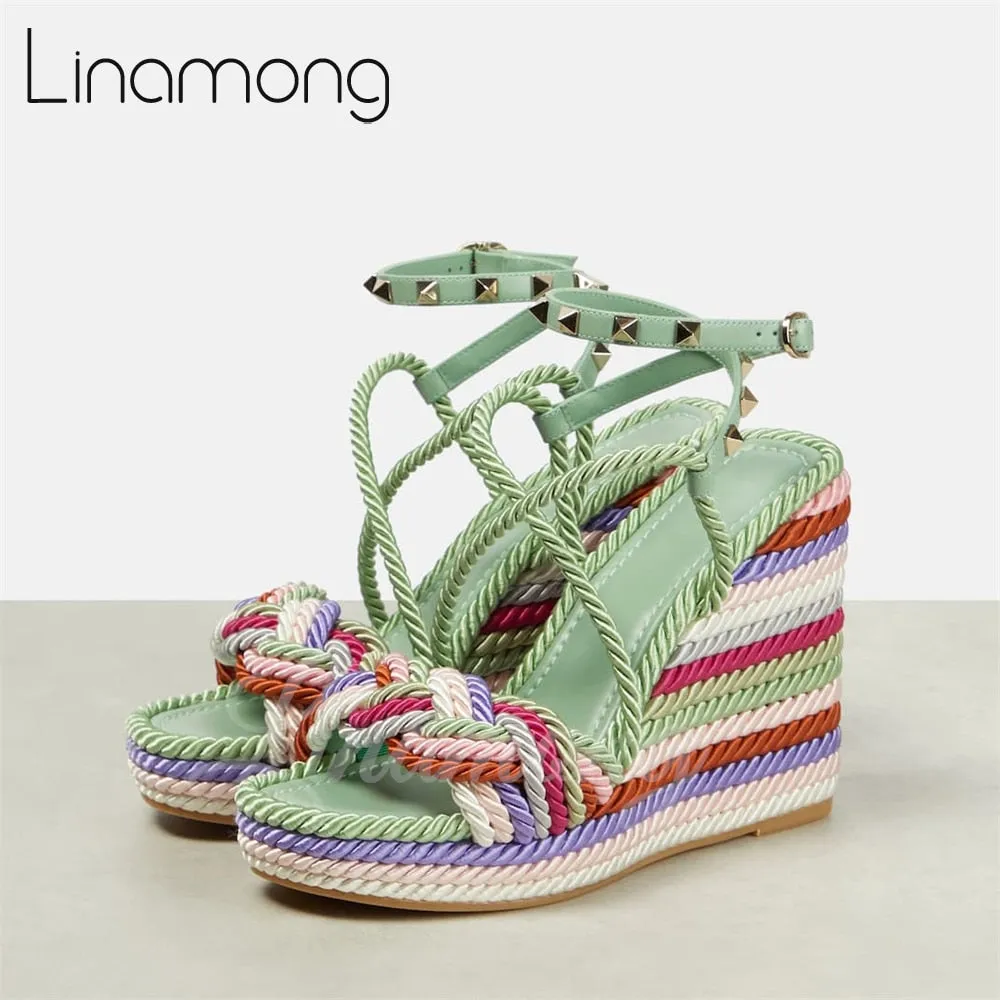 Multicolor Hemp Rope Rivet Espadrilles Strap Platform Wedge Summer Sandals for Women Designer Style Fashion Sandals Arrival