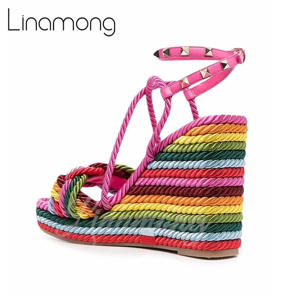 Multicolor Hemp Rope Rivet Espadrilles Strap Platform Wedge Summer Sandals for Women Designer Style Fashion Sandals Arrival