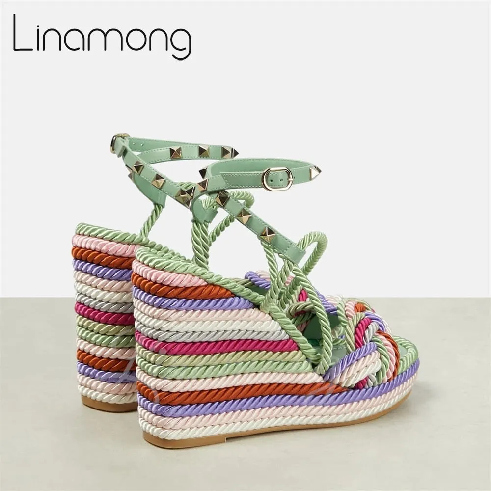 Multicolor Hemp Rope Rivet Espadrilles Strap Platform Wedge Summer Sandals for Women Designer Style Fashion Sandals Arrival