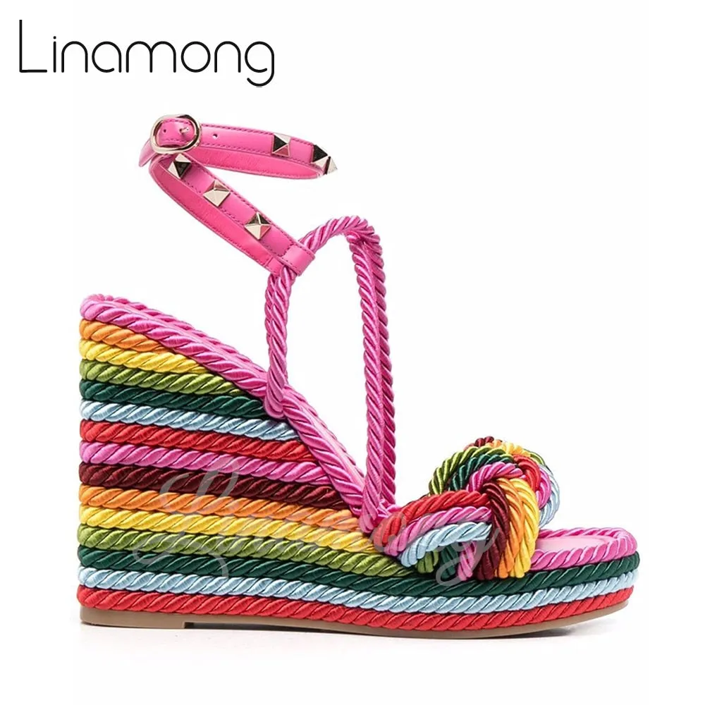 Multicolor Hemp Rope Rivet Espadrilles Strap Platform Wedge Summer Sandals for Women Designer Style Fashion Sandals Arrival