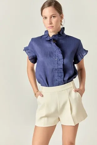 Navy Linen Ruffle Shirt